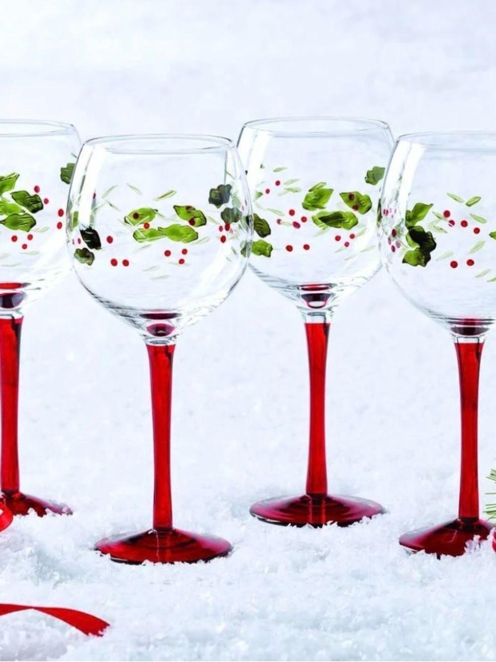 Pfaltzgraff Winterberry Wine Glasses with Red Stems w box  set of 4